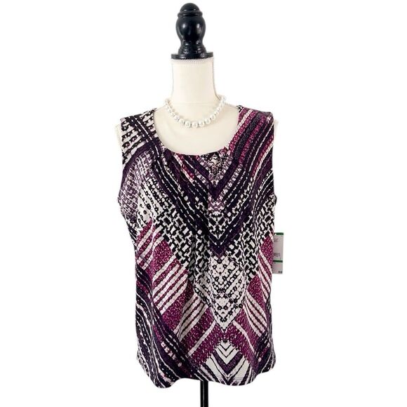 Le Suit Plum Purple, Off White and Black Geometric Pattern Tank Blouse Size L - Picture 2 of 12